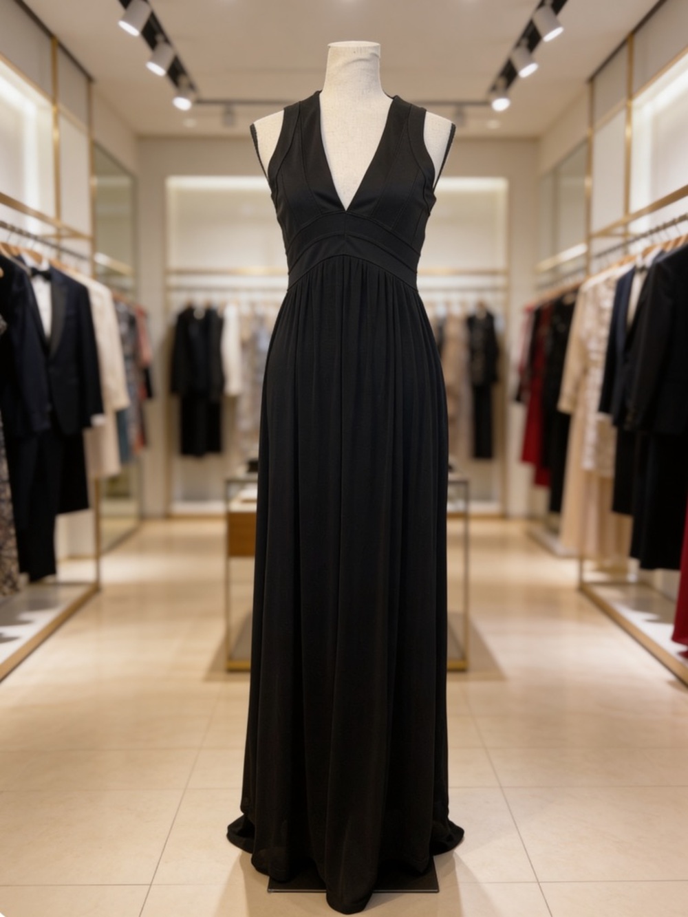 A. Peach Medium Black Maxi Dress Deep V Empire Waist Cross Back Sleeveless